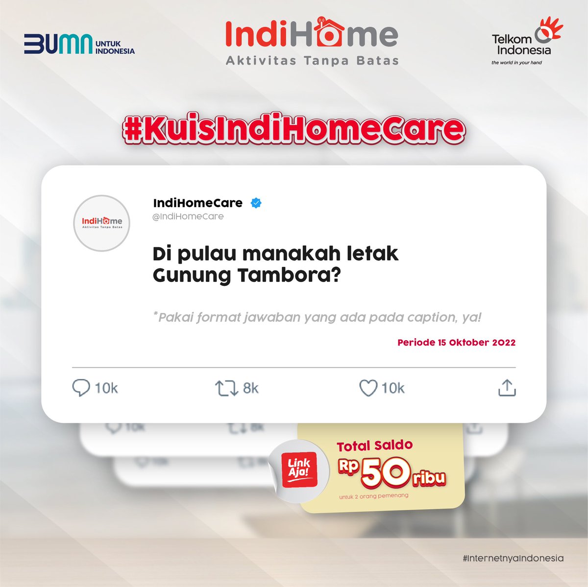 IndiHomeCare's tweet photo. Yuk, ikutan kuis di akhir pekan dan dapatkan hadiahnya!🤩

Raih hadiah saldo LinkAja senilai Rp50.000 masing-masing untuk 2 Sobat beruntung! Follow @IndiHomeCare dan cantumkan tagar #KuisIndiHomeCare saat menjawab, ya! https://t.co/LPoqpvDrRS