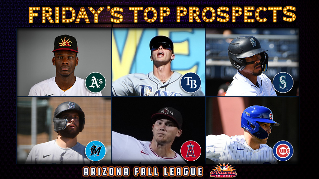 MLBPipeline's tweet photo. Friday's top Arizona Fall League prospect performers:
#Athletics' Clarke
#Rays' Auer
#Mariners' Perez Jr.
#Marlins' Mack
#Angels' Van Scoyoc
#Cubs' Mervis

More: https://t.co/JDrSCe8EEb https://t.co/gWw0uEWAr7