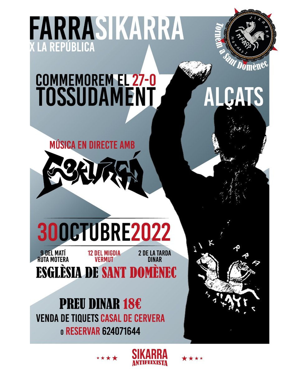 MOTARDS11S's tweet photo. Bon dia Motards Independentistes ✊👊✊
El proper 30 d'octubre els nostres amics i amigues de Sikarres commemoren  EL 27-O TOSSUDAMENT ALÇATS!!!
Programació activitats:
A les 9 ruta en moto
A les 12 vermut-concert amb "ESKURÇÓ" (obert a tothom)
A les 2 dinar (només amb tiquet) https://t.co/RdTC8mbHIW