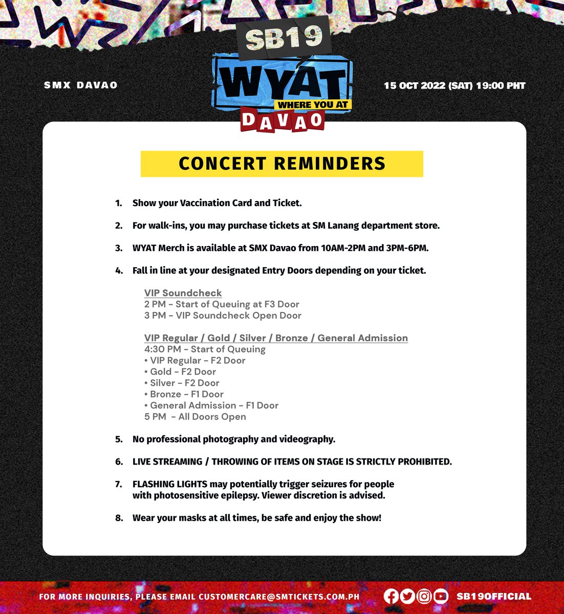 SB19Official's tweet photo. [#WYATTourDavao]

Aiight! Before we crank up the tunes, please take note of our venue guidelines for the WYAT Tour Davao concert happening today at the SMX Davao.

More FAQs here: https://t.co/2vcZ93LUoM

See ya!🤘🏼

#WYAT #WYATTour
#WhereYouAtSB19 https://t.co/0dqxLn6h4c