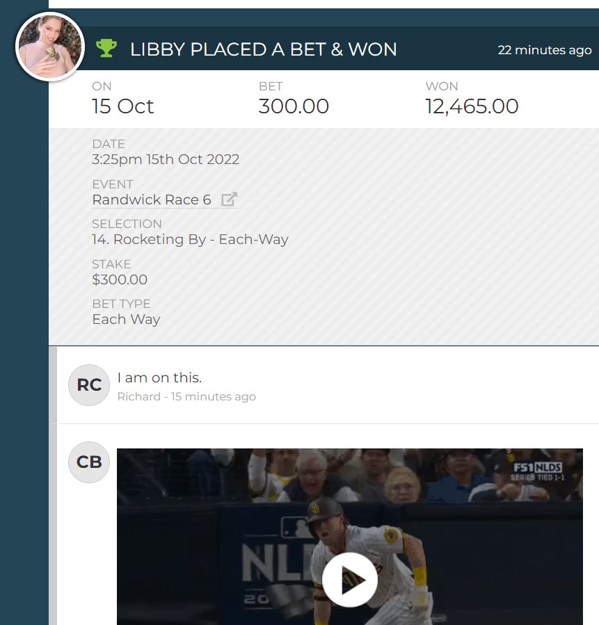 puntclub's tweet photo. Punters Club hits the front.
She knows her form, @LibbyHopwood goes back to back with A Very Fine Red and then Rocketing By 🚀 she is on FIRE 🔥 #LibbyLive Hope the @RantRacing subs followed her tip at $101 yesterday haha :) #BANG https://t.co/mTjhR1isKY