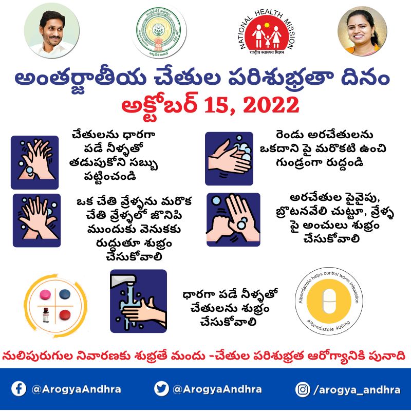 ArogyaAndhra's tweet photo. #watersanitationandhygiene #cleanwaterandsanitation #swachhatahiseva #wash #handwash 

మంచి ఆరోగ్యాన్ని పొందడంలో చేతుల పరిశుభ్రత ఒక ముఖ్యమైన భాగం.  ఈ అంతర్జాతీయ చేతుల పరిశుభ్రత దినం సందర్భంగా చేతులను శుభ్రంగా కడుక్కోవడం ద్వారా క్రిములతో పోరాటాన్ని కొనసాగిద్దాం. https://t.co/IvIZz2aOTU