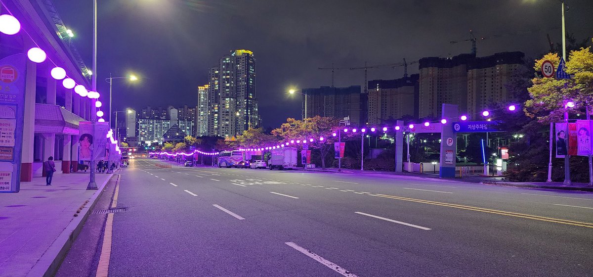 PopBase's tweet photo. The city of Busan went purple in honor of BTS’ historic concert today. https://t.co/INeziJELPh