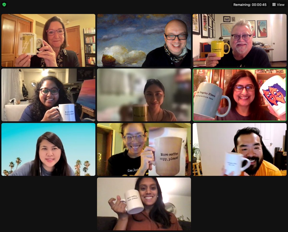 jahree's tweet photo. Our @latimes team for @AAJATriviaBowl was sadly one point off the top score but we won the Spirit Award with our tribute to @hfuhrmann’s mugs. And that was a great way to remember him ❤️ @AAJAla https://t.co/j5dXt4WScm