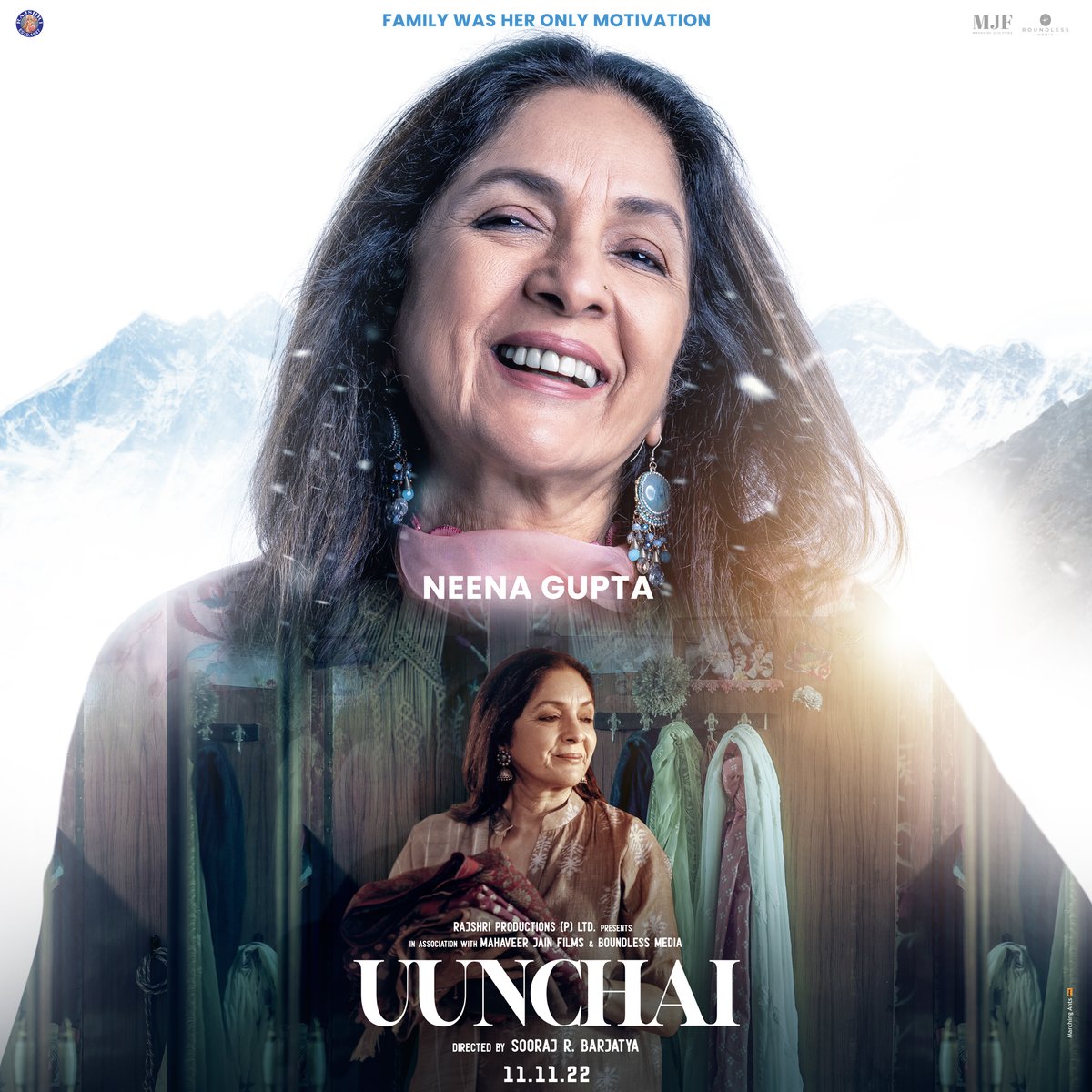 rajshri's tweet photo. Presenting Neena Gupta as Shabina Siddiqui in our next – #Uunchai! 
Embark on a journey of redemption in a theatre near you on 11.11.22

#75YearsOfRajshri | #SoorajBarjatya | @SrBachchan | @AnupamPKher | @bomanirani | @Neenagupta001 | #Sarika | @ParineetiChopra | https://t.co/WXnbBg0jtO