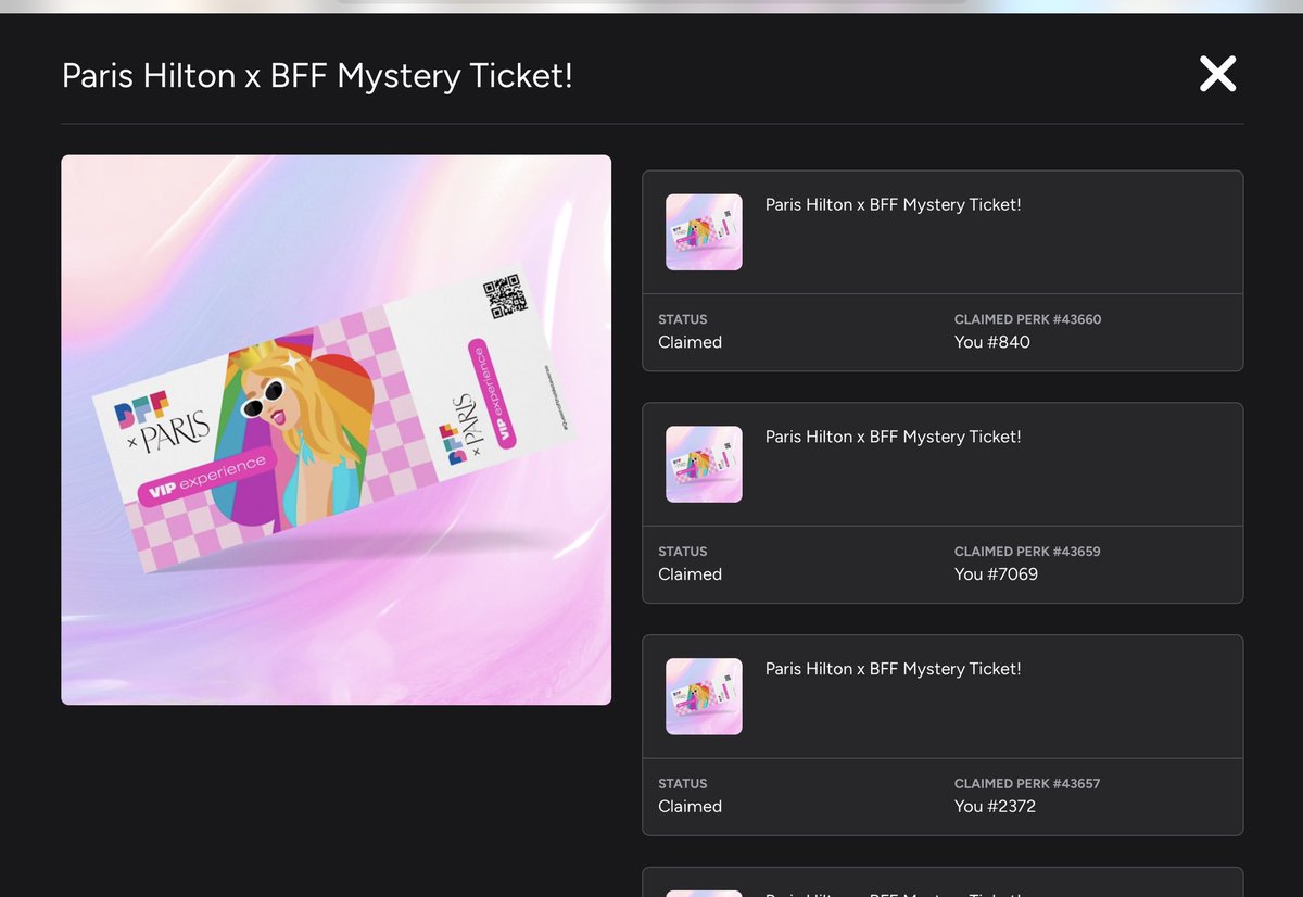 Just beginning to make my way back to socials/web3 after a very tough couple of months dealing with the death of my father. 🥲  

Claiming these <a href="/MyBFF/">BFF 🌈</a> <a href="/ParisHilton/">Paris Hilton</a> tickets from the perk shop was exactly what I needed tonight to “perk” myself up.   Thank you <a href="/MyBFF/">BFF 🌈</a> 💕