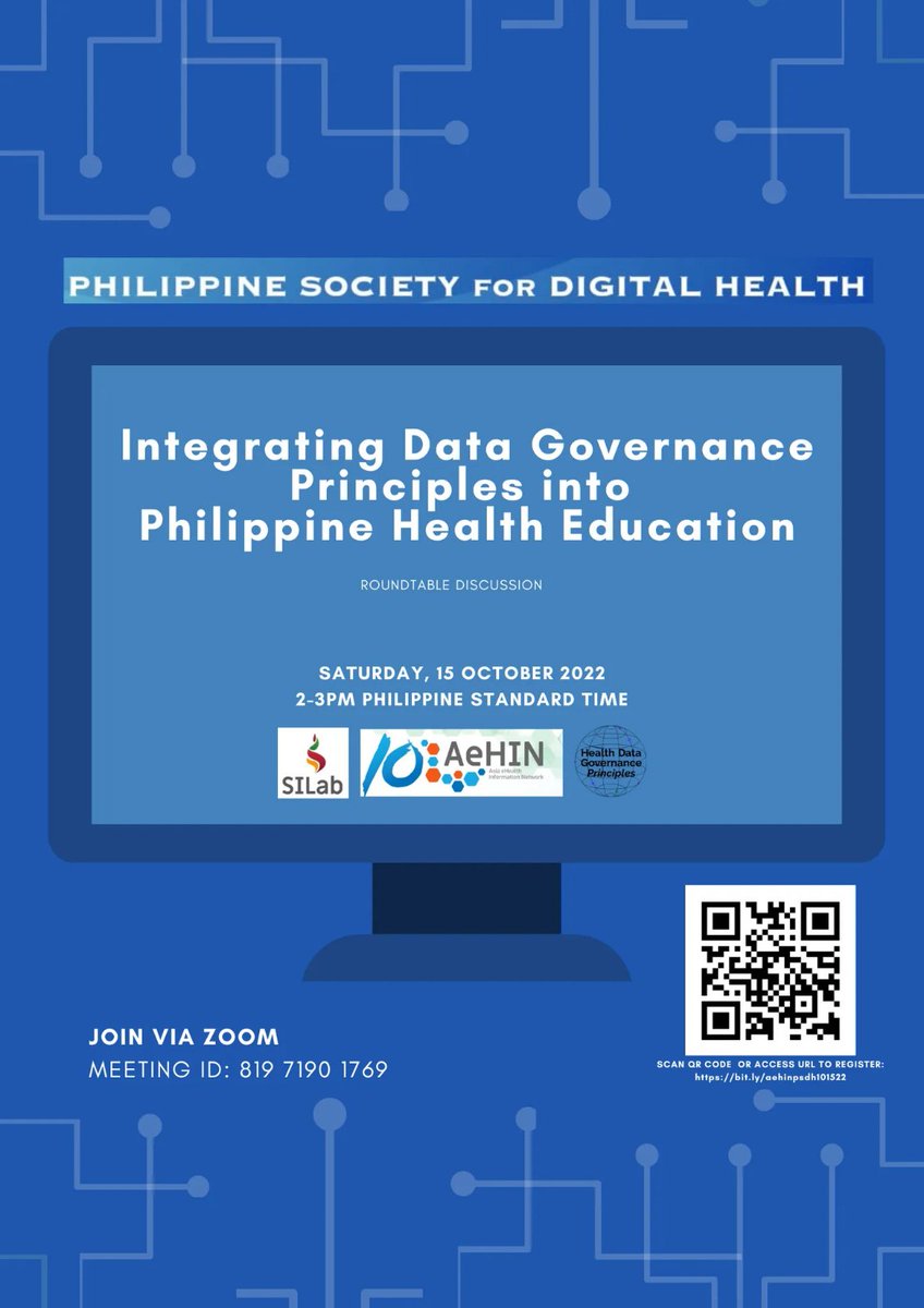 WeAreAeHIN's tweet photo. In support of the #HealthGovernancePrinciples, the #PSDH, UPM SILab, and AeHIN organized the roundtable discussion titled "Integrating Data Governance Principles into Philippine Health Education."
Join us today at 2 PM Manila time! Register now at https://t.co/FWAxuy8ACN. https://t.co/St6vKQjXXM