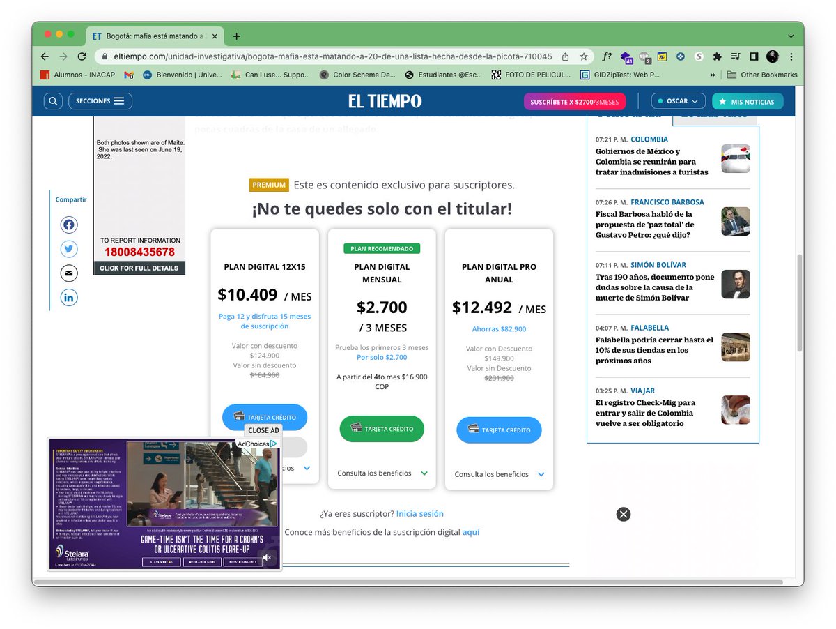 Se pasa el <a href="/ELTIEMPO/">EL TIEMPO</a>. Veo portales de noticias de varias partes de America y el único que me obliga a pagar una suscripción es, tristemente, El Tiempo, uno de los mas importantes de Colombia.