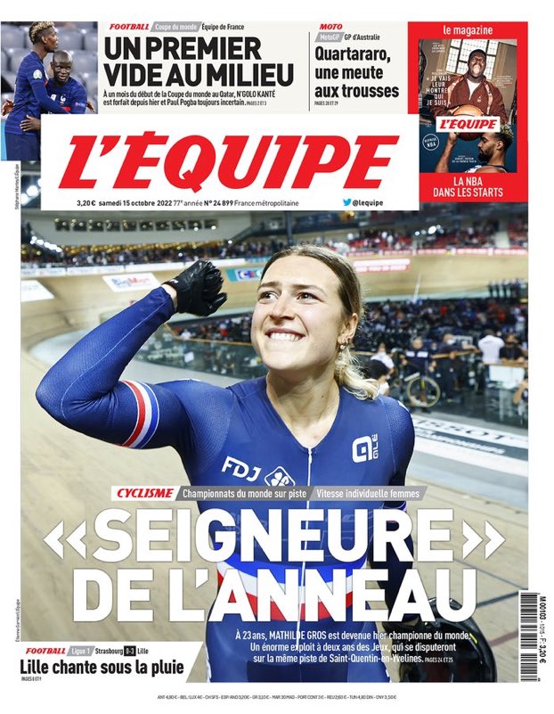 josselin_riou's tweet photo. Quelle UNE de @lequipe en l’honneur de Mathilde Gros, Championne du Monde de vitesse individuelle à domicile. 🤯🤩 https://t.co/1xncIKDBXA
