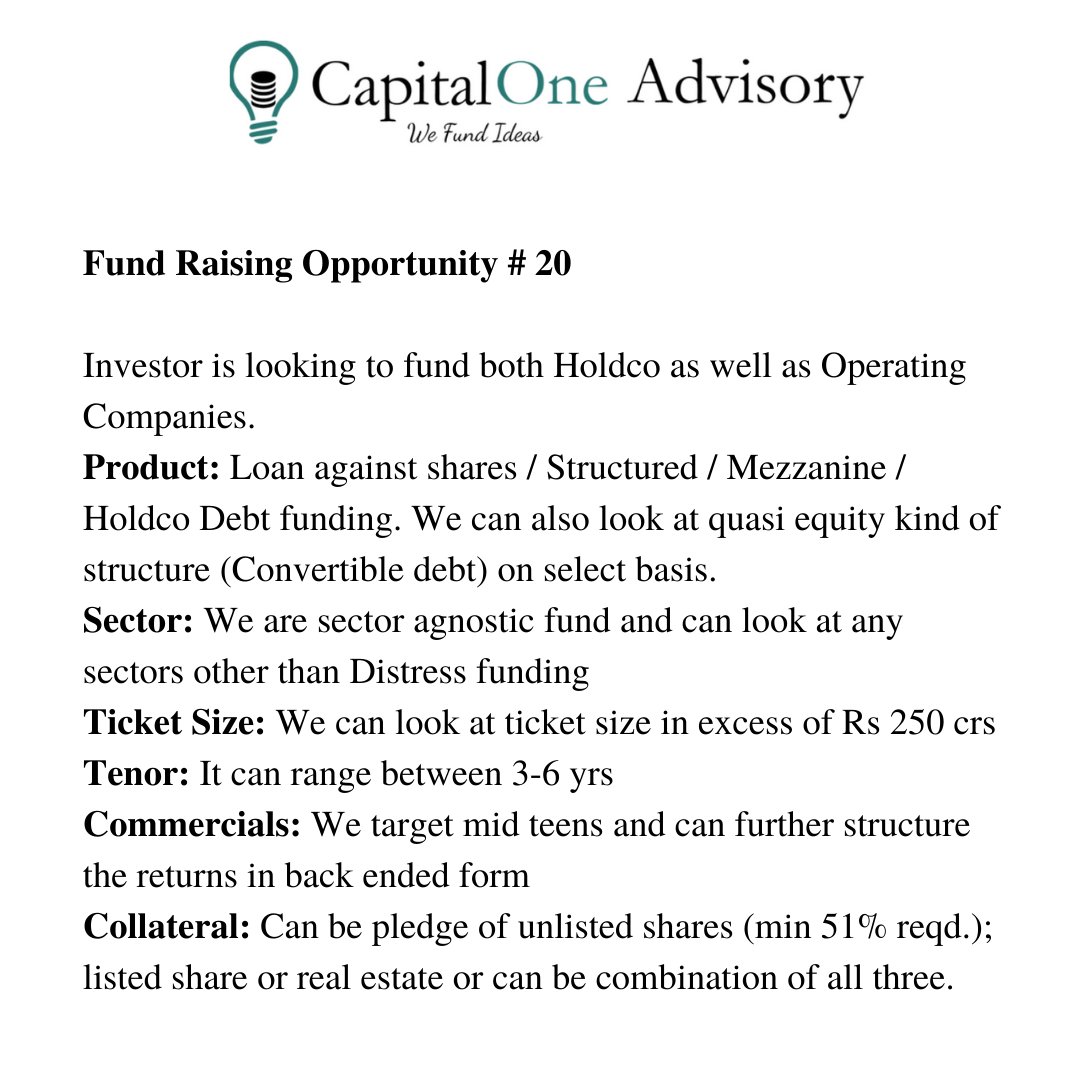 If you want to know more, check out our website capitaloneadvisory.com 
Share and follow us on:
•Instagram- instagram.com/capitalone.adv…
•Facebook- facebook.com/capitalone.adv…
•LinkedIn- linkedin.com/in/capitalone-…
#fundraising #privateequity #debtsyndication #structuredfinance #pune