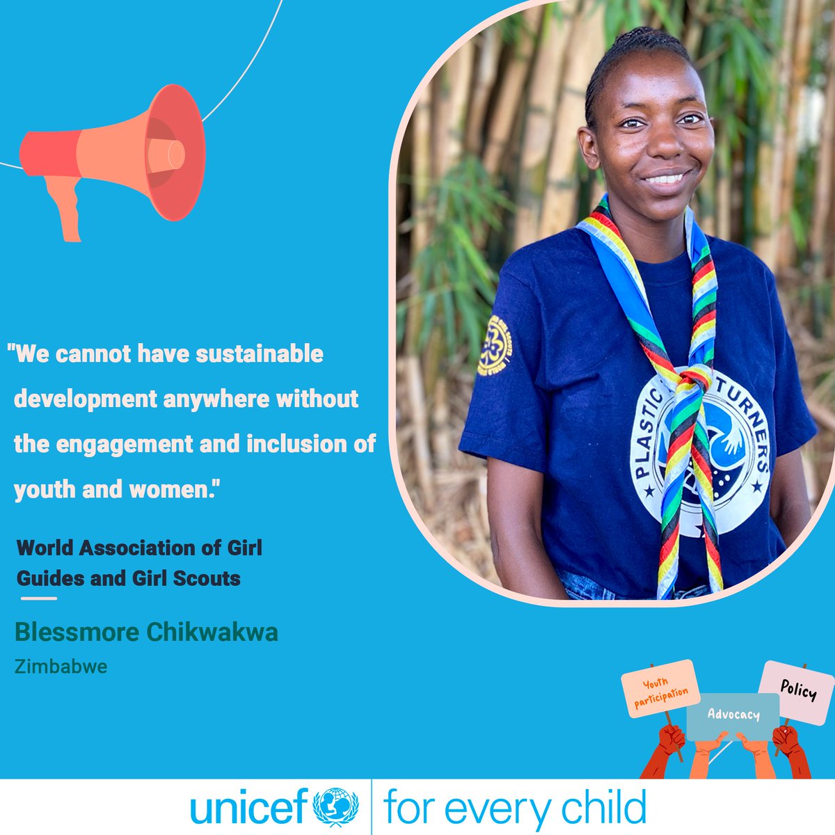 Youth advocate, @BlessmoreChikw2, shares an important message we must all heed: “We cannot have sustainable #development without the inclusion & engagement of #youth & #women.” @UNICEF hears your call & agrees, Blessmore. Wishing you well on your #advocacy journey! #ForEveryChild