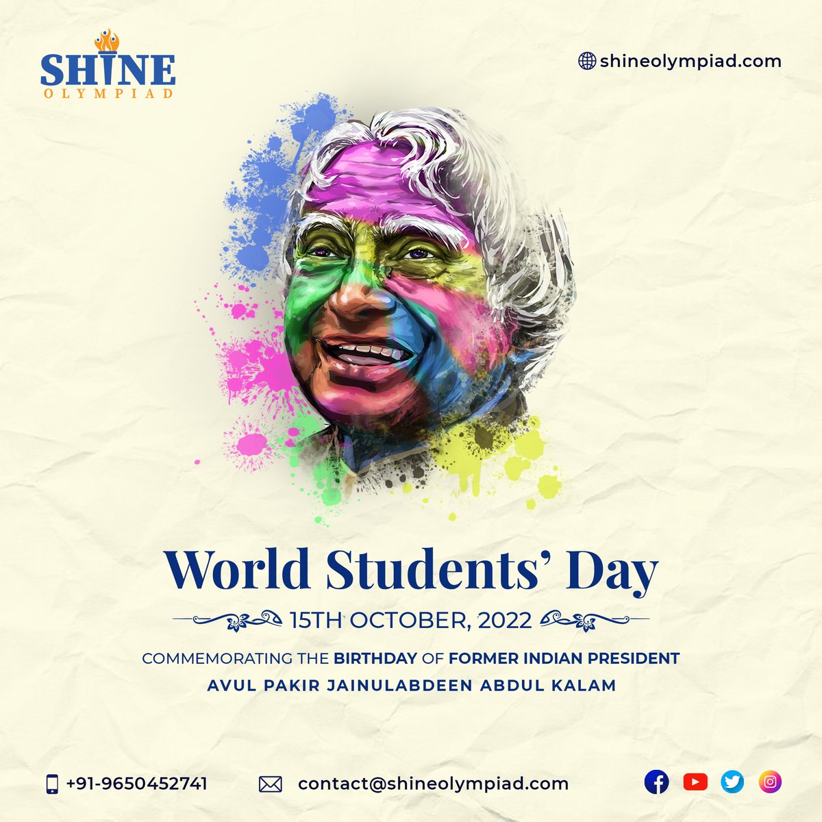 ShineOlympiad's tweet photo. On World Students' Day, Shine Olympiad is offering 50% discount on all Olympiad Exams for Classes 1-12
🔹Offer valid only on 15 October 2022 ☑
🔹Use CODE - SHINE150
https://t.co/80sakwYob9 #shineolympiad #worldstudentsday #olympiadexam @GrapossConnect https://t.co/8sQEAFaDuP