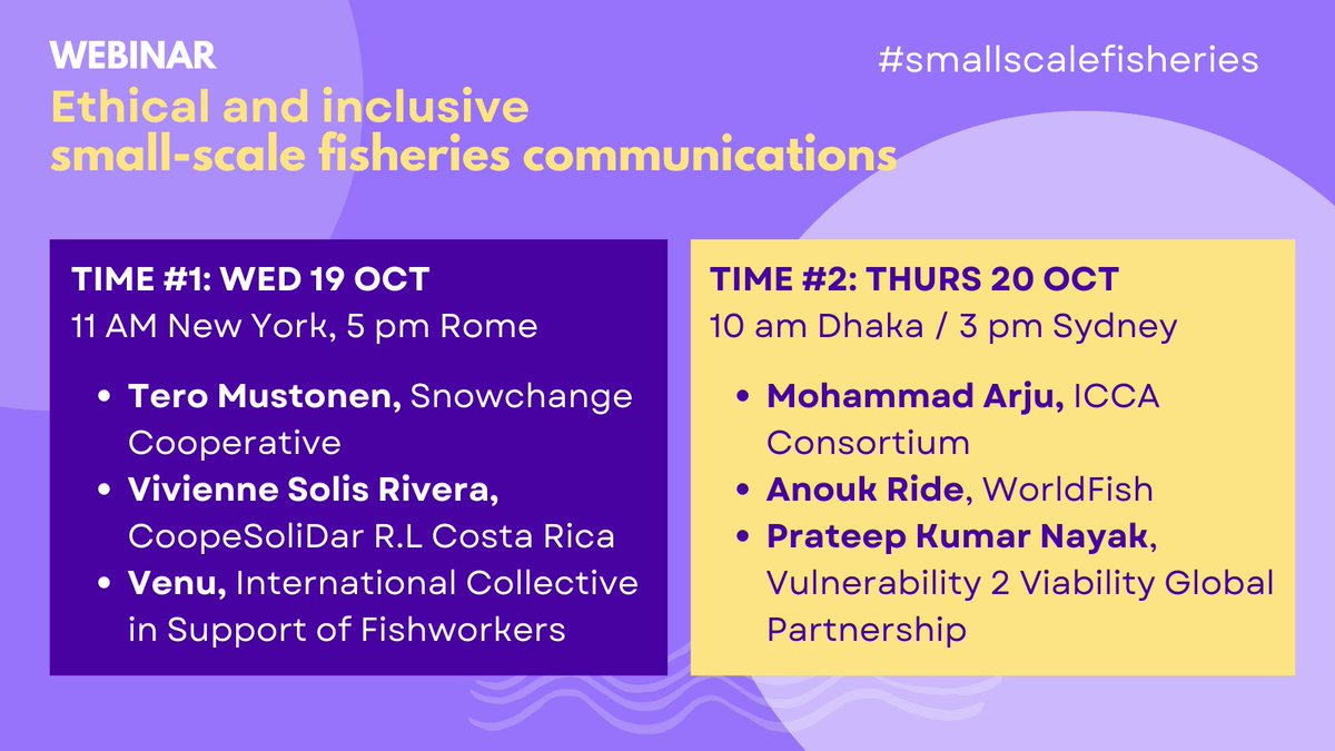 Checking out the amazing speakers for the #smallscalefisheries communications webinar ⬇️ 90+ people have registered! Have you? 1⃣ Wed 19 Oct, 11am NY / 5pm Rome Register 🔗 us06web.zoom.us/meeting/regist… 2⃣ Thurs 20 Oct, 10am Dhaka / 3pm Sydney Register 🔗 us06web.zoom.us/meeting/regist…