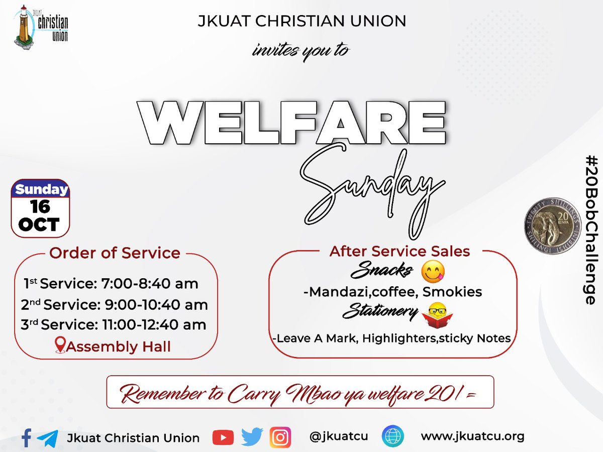 The Welfare committee is tasked in mobilizing on raising of funds to support the needy students among us. The committee will be having stationery and food sales tomorrow after the service. We shall also have #20Bobchallenge to support the needy among us.