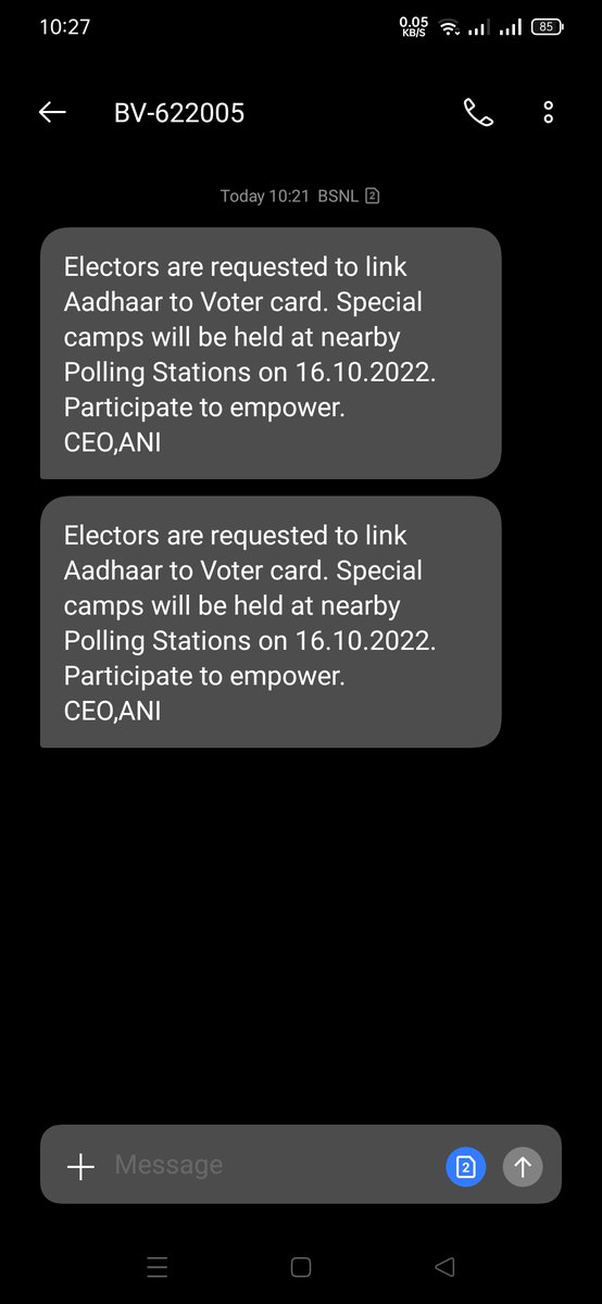 AndamanCEO's tweet photo. Awareness through Mobile Network (SMS Message) to the General Public for Special Camp on 16.10.2022 from 09:00 am to 05:00 pm at all Polling Stations.
@ECISVEEP @SpokespersonECI
#ElectorsVerificationProgramme #GoVerify #100percentsahi https://t.co/ASVLrBvI5n
