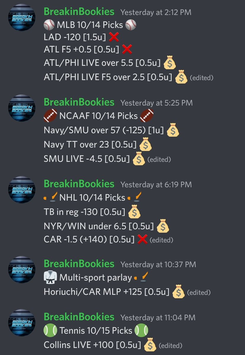 BookiesBreakin's tweet photo. 10/14 Recap:
🏈 #NCAAF: 3-0 for +2u 💰
🥋 #LFA144: +3.54u 💰
🏒 #NHL: 2-1 for +0.5u 💰
🎾 #Tennis: 1-0 for +0.5u 💰
⚾️ #MLB: 2-2 for -1.35u ❌️
🥋🏒 LFA/NHL: 1-0 for +0.63u 💰
Total: +5.82u 💸
#GamblingTwitter #FreePicks https://t.co/ZqajGjoTnn