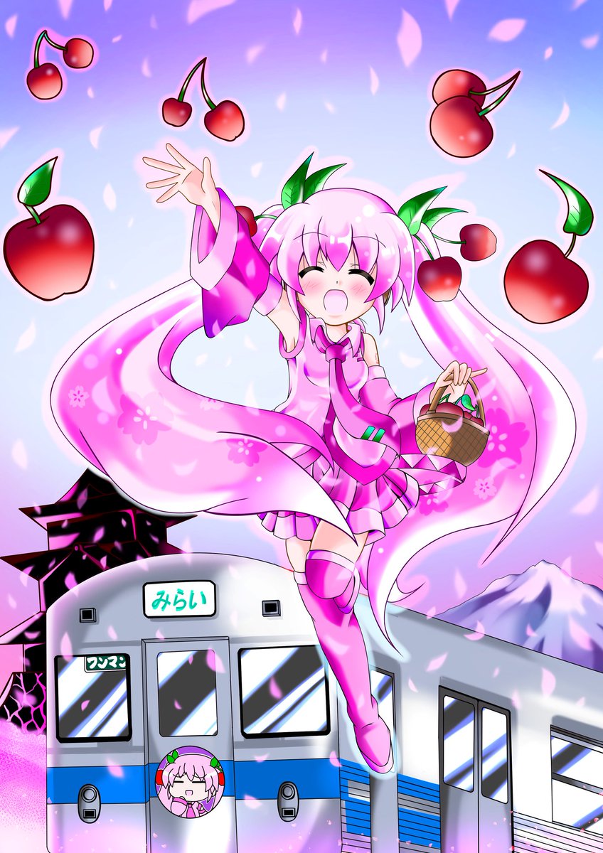 初音ミク「鉄道とミクさん。そして今も鉄道車両を描いてます。桜ミクさんから順に鉄道車両を描い」|キノ店員のイラスト