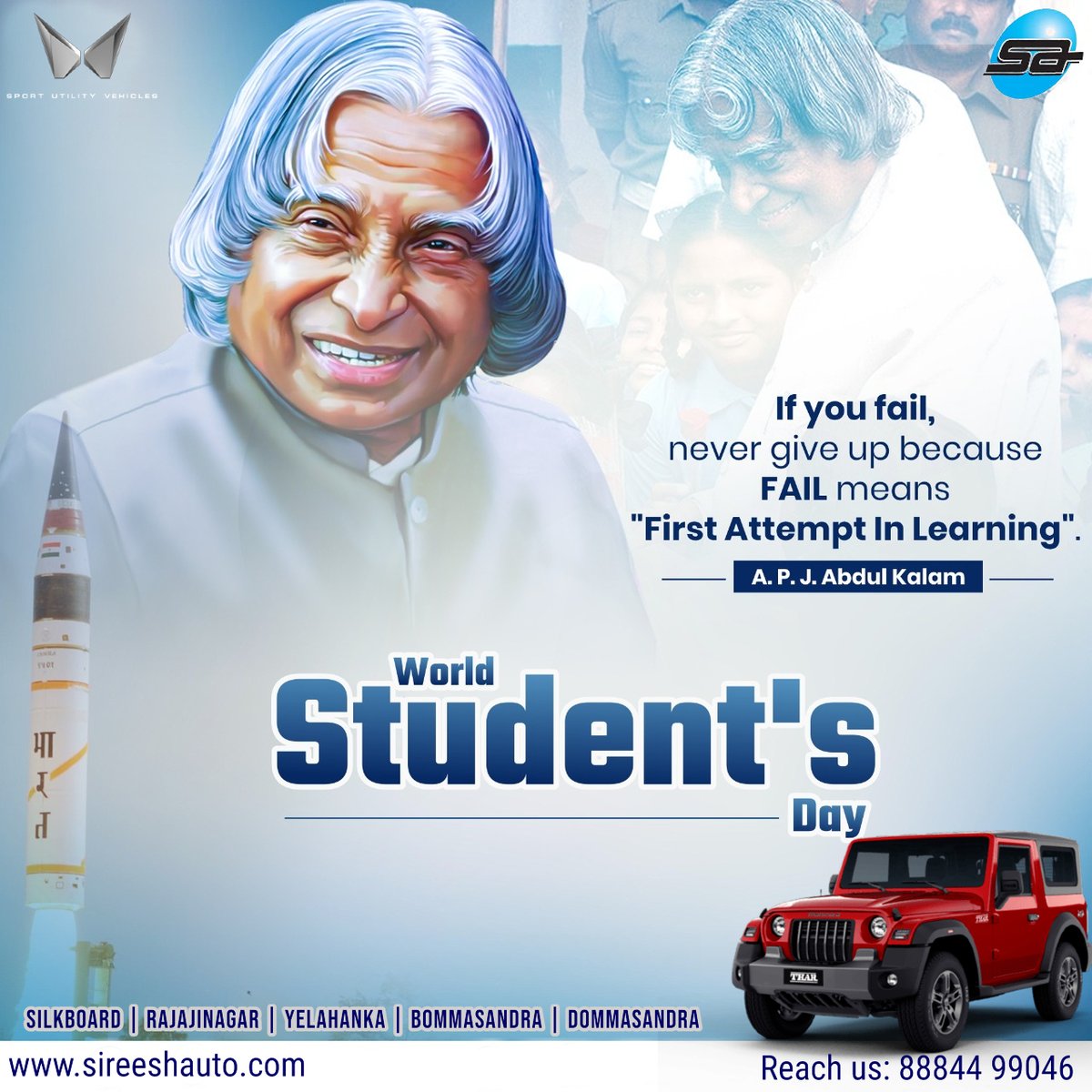 sireesh_auto's tweet photo. Sireesh Auto wishes - Happy World Students day to all!!!
World Students’ Day is celebrated every year on October 15 and was established by the United Nations in 2010 to honor the late former President of India, #APJAbdulKalam. #mahindra #sireeshauto #WorldStudentsDay #bangalore https://t.co/IpMYLHAysl