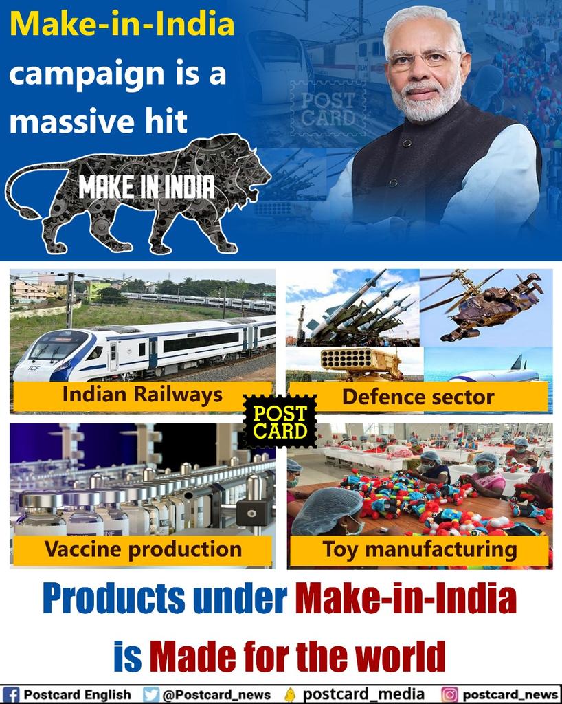 Make-in-India campaign is a massive hit

* Indian Railways
* Defence sector
* Vaccine production
* Toy manufacturing

Products under Make-in-India is Made for the world
#IndianRailways
#Defencesector
#vaccineproduction
#Toymanufacturing
#PMModi