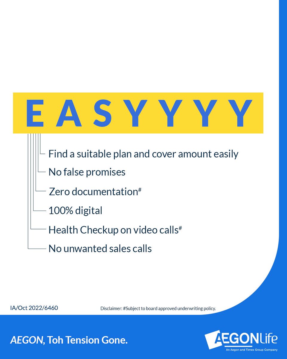 Bandhan_Life's tweet photo. When we say easy - we meant  it with every letter! 
Find a suitable insurance plan within minutes. 
Trust Aegon Life with its 100% digital solutions.

#AegonLifeInsurance 
#AegonTohTensionGone 
#EasyToBuyInsurance 
#SimpleInsurance #MakeItEasy 
#DigitalInsurance https://t.co/gb5gb7WNj5