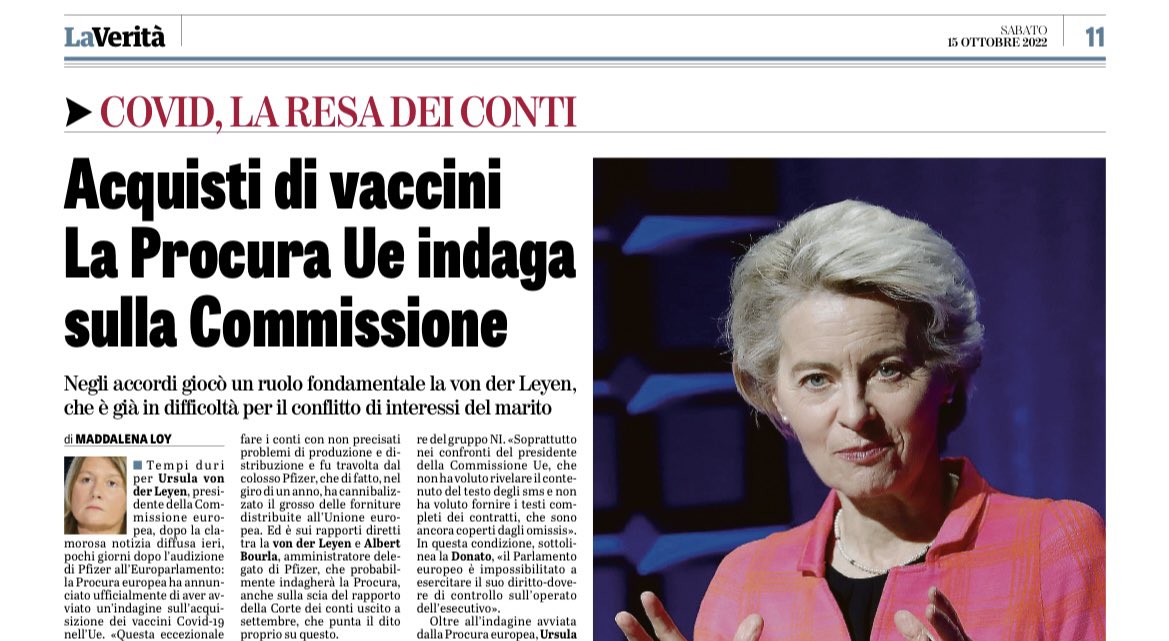 madforfree's tweet photo. Ieri la Procura dell’Unione europea ha confermato di aver avviato un'indagine sull'acquisizione dei vaccini Covid-19, gestita da Ursula von der Leyen.

La notizia potrebbe spingere la presidente alle dimissioni, mentre i commissari prendono le distanze.
Ne parlo su #LaVerità https://t.co/rtPLtKCjo4