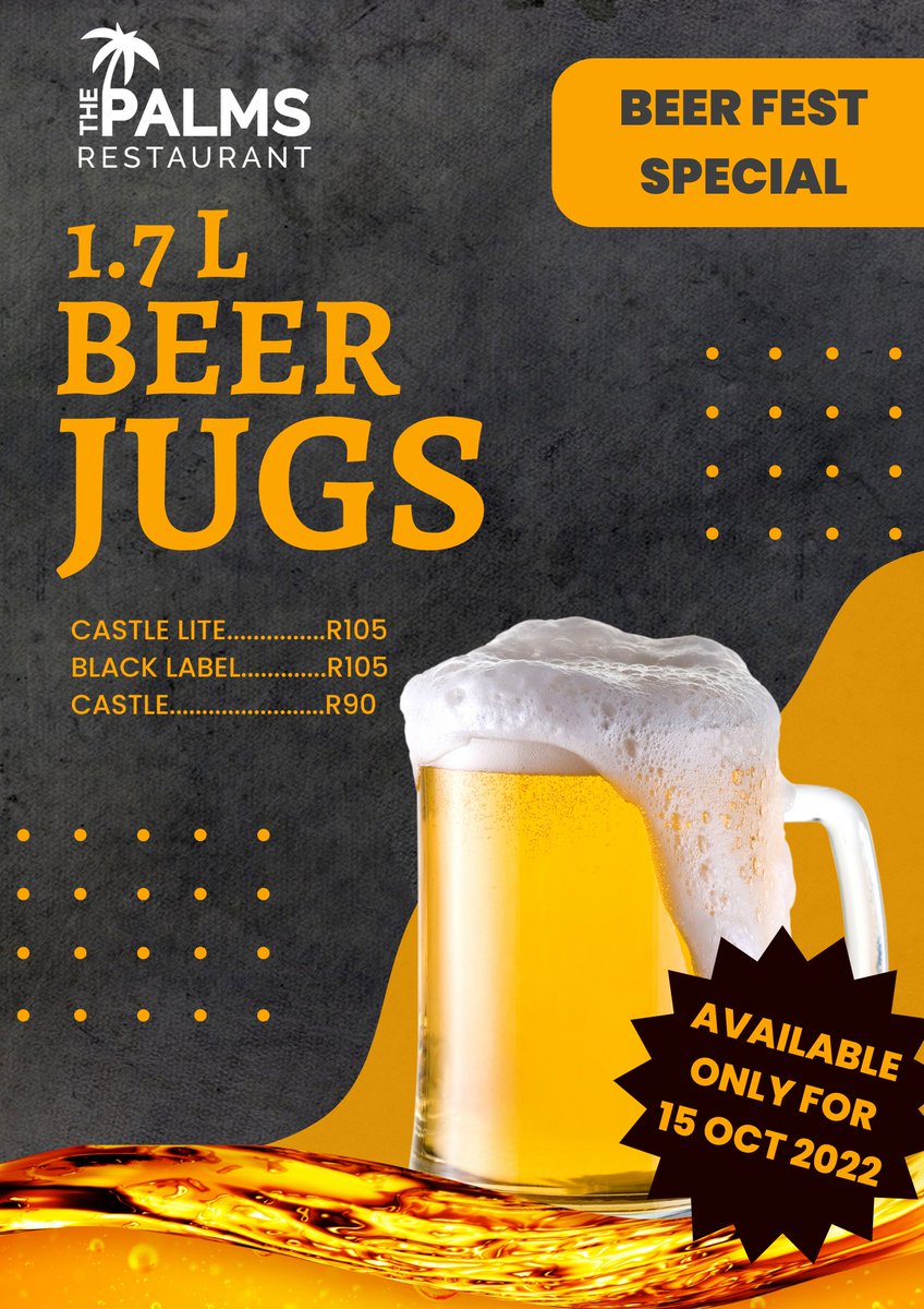 ThePalmsWC's tweet photo. ‼️🍻 Beer Fest Beer Special 🍻‼️

Available only for the 15th of October !!

#Beer #Beerfest #BeerFestival #ThePalms #WesternCape #CapeTown #Brackenfell #Festival #OctoberFest #October #beerspecial #CastleLite #blacklable #castle #ondayonlyspecial #onedayonly https://t.co/skwN9y3qsi