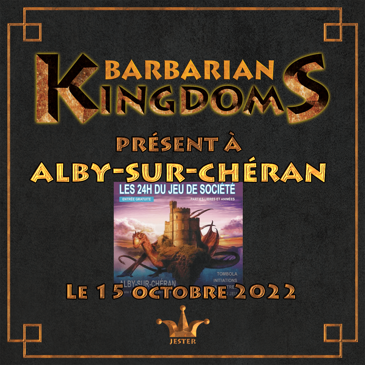 JesterGamesFR's tweet photo. Rencontrez-nous au 24h du jeu de société à Alby-sur-Chéran et testez Barbarian Kingdoms ! 😊

La campagne de Barbarian Kingdoms commence ce 18 octobre sur Gamefound !! https://t.co/8RK2IlPumk

 #jeudeplateau #jeudestrategie #jeuxdesociete #jds #jdsday #j2s  #bgg  #albi #albyjoie https://t.co/duIWnFvOSf