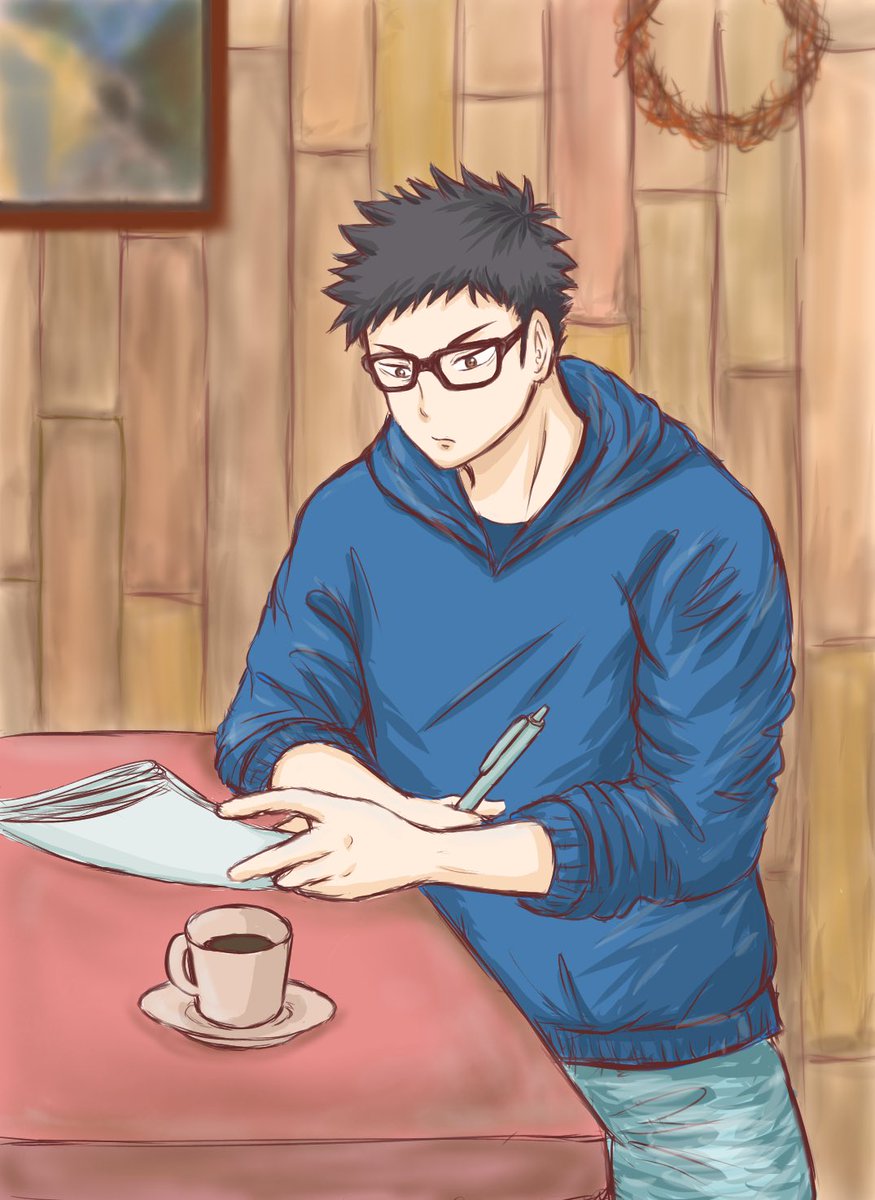 6D6fegQgHjHXkBE's tweet photo. 大人トレーナー岩ちゃんのoff day inかふぇ☕️長らくかかりましたがなんとか完成。

効果的なトレーニングとかマッサージについて今後の構想を練ってるんだと思う😅
眼鏡なんぞかけさせてみました。

#ハイキューイラスト
#ハイキューファンアート
#岩泉一 https://t.co/NFxIXBPpjD