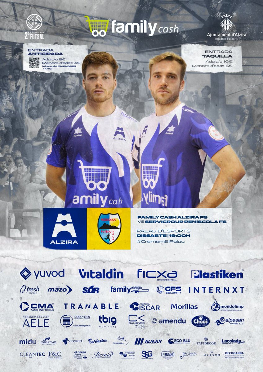 ¡EVITA COLAS! 🛒

🆚 Servigroup <a href="/PeniscolaFS/">Servigroup Peñíscola FS</a> 
🏟 Palau d'Esports
⌚️ 19h · 🗓 15/10

🎟 alzirafs.com/entradas-22-23/ 

#CrememElPalau 🔥