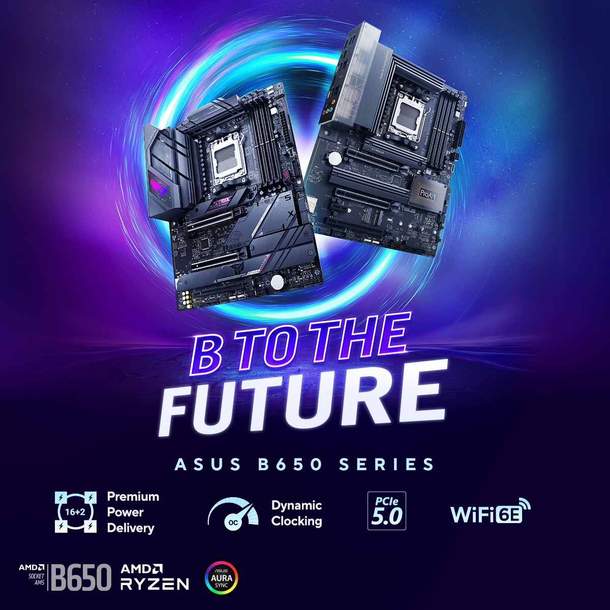 ROG_ME's tweet photo. Bridge the here and now with the future! #AsusB650 Series motherboards pack PCIe 5.0 &amp; WiFi 6E, together with juiced-up power delivery &amp; super-smart overclocking tools to uniquely flex Ryzen performance.
It's TIME to start planning those builds ▶️ https://t.co/rCX9lMuPgn
#AM5 https://t.co/JAfr0TQYlP