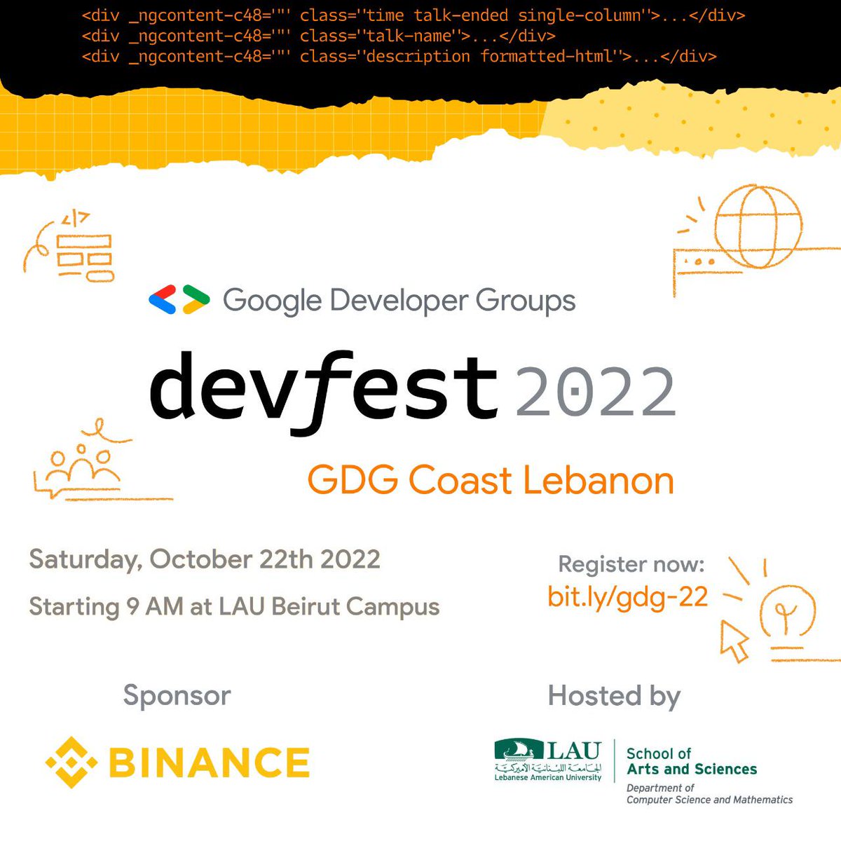 Join us for the 6th Devfest in Lebanon on Saturday 22 October at LAU Beirut campus , sponsored by <a href="/binance/">Binance</a> and organized by Google Developer Groups (GDG) in Lebanon <a href="/GDGLebanon/">GDG Coast Lebanon</a> .
🎟️ Tickets are limited bit.ly/gdg-22

#gdg #devfest22 #devfestlebanon <a href="/BinanceArabic/">Binance MENA</a>