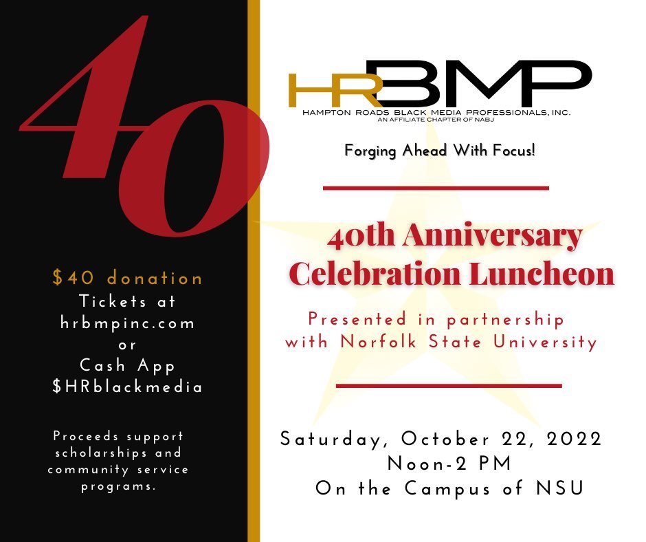 Hampton Roads Black Media Professionals (HRBMP) (@hrbmp_org) on Twitter photo Lawdy Look Who’s Turning 40?! One week away!👀 It’s our 40th Anniversary! Celebrate with HRBMP Noon-2PM Saturday, 10/22/22-a scholarship fundraiser for the future 🤩of tomorrow! We want to see your face in the place!
Dress:Casually Elegant
Food: Buffet
<a href="/nabjregion1/">NABJ REGION I</a> <a href="/NABJ/">#NABJ Headquarters ✊🏾🖊️🎙️💻 📷 🎥 📝 🔈</a> Lawdy Look Who’s Turning 40?! One week away!👀 It’s our 40th Anniversary! Celebrate with HRBMP Noon-2PM Saturday, 10/22/22-a scholarship fundraiser for the future 🤩of tomorrow! We want to see your face in the place!
Dress:Casually Elegant
Food: Buffet
<a href="/nabjregion1/">NABJ REGION I</a> <a href="/NABJ/">#NABJ Headquarters ✊🏾🖊️🎙️💻 📷 🎥 📝 🔈</a>