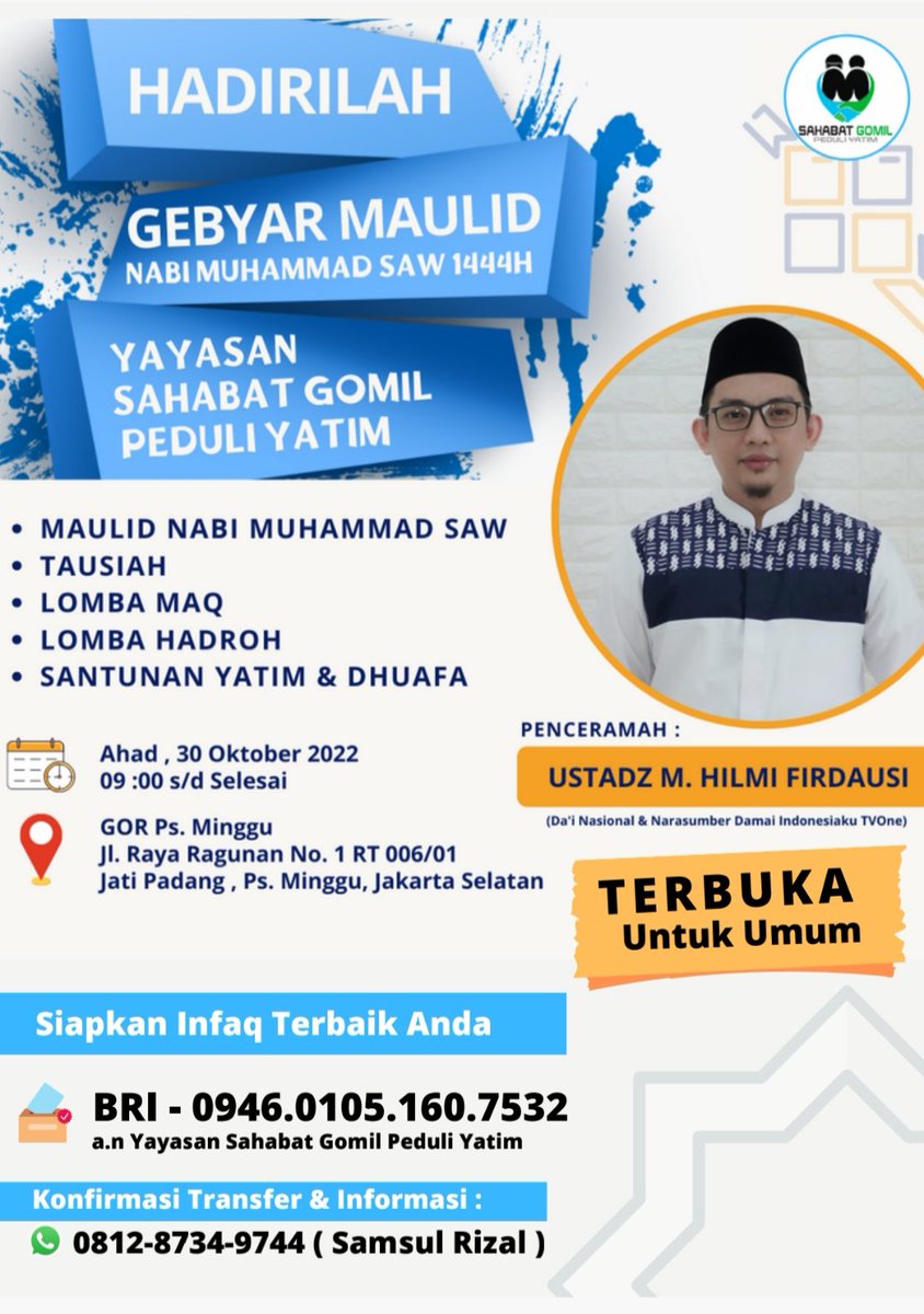 Rifaanzzx's tweet photo. Peserta lomba Hadroh dari Ponpes Nurul Yakin  mega mendung Bogor 

Sampai hari ini sudah terdaftar 13 peserta untuk Acara Maulid Nabi 1444H 

Ahad 30 Oktober 2022 
Acara juga akan diisi Tausiyah dari Ustad @Hilmi28  

Ditunggu kehadirannya ya sahabat Gomil.... 🙏 https://t.co/SbyZmpBN0t