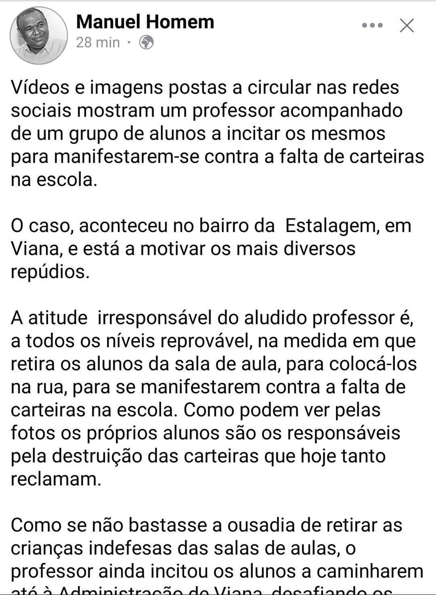 PaisAngola's tweet photo. GOVERNADOR DE LUANDA CONDENA MARCHA DOS ESTUDANTES E APAGA PUBLICAÇÃO DEPOIS DE SOFRER DURAS CRÍTICAS 

O Governador de Luanda, Manuel Homem, condenou nesta noite na sua rede social Facebook, a Marcha dos estudantes da Escola 5008 que exigiam melhores condições https://t.co/SUymMbqt0D
