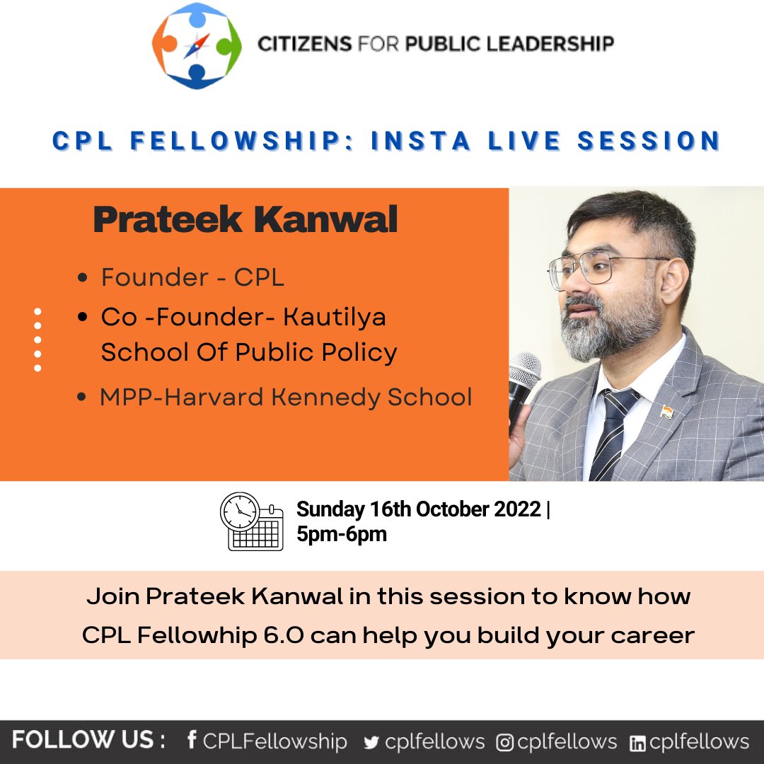 CPLFellows's tweet photo. Are you confused about #CPL6.0? Do you want to start or shift your career in #publicpolicy?
We have all the answers for you
Join the Insta Live session with Prateek Kanwal, Founder,Citizens of Public Leadership on October 16 from 5-6 PM IST
#cplfellow #fellowship #public https://t.co/oHBe9MZ7ba
