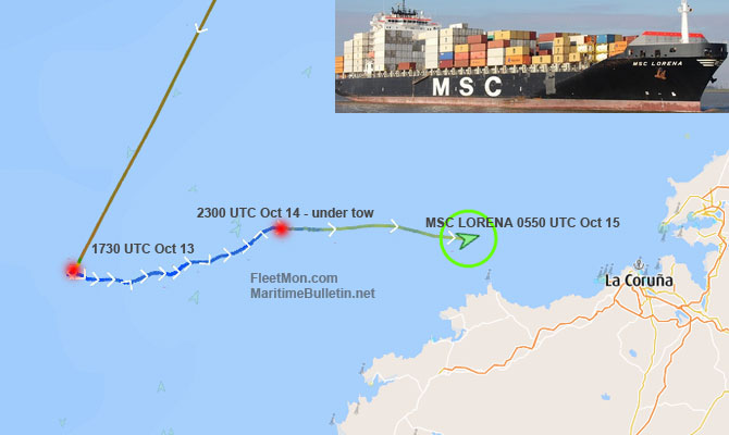 MSC 5,000-TEU container ship disabled, under tow off Spain
maritimebulletin.net/2022/10/15/msc…