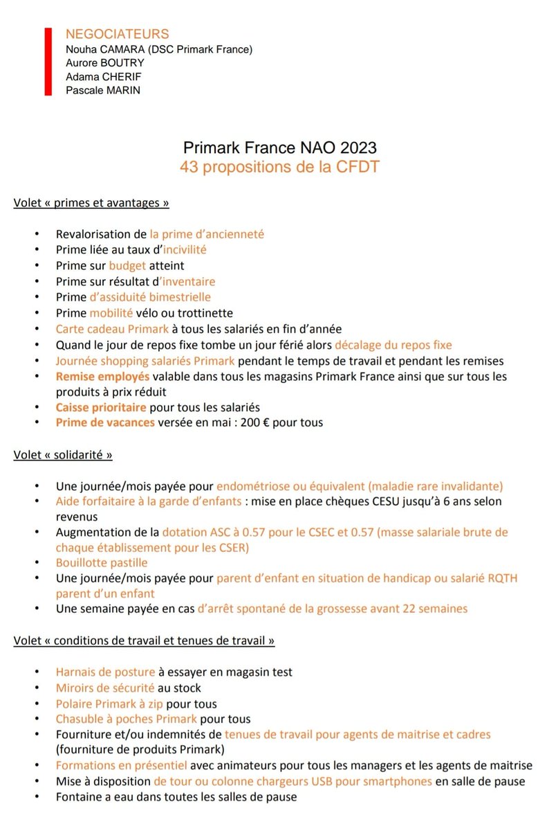 CfdtFrance's tweet photo. Bonjour à tous,
En ce moment ont lieu les Négociations Annuelles Obligatoires (NAO) 2022 Primark France.
 Le 13 octobre 2022 a eu lieu la 2ème réunion NAO pour lesquelles nous avons apporté nos propositions.
Vous trouverez ci-dessous les demandes de la Cfdt Primark France
#CFDT https://t.co/Zr7OBWaiFp