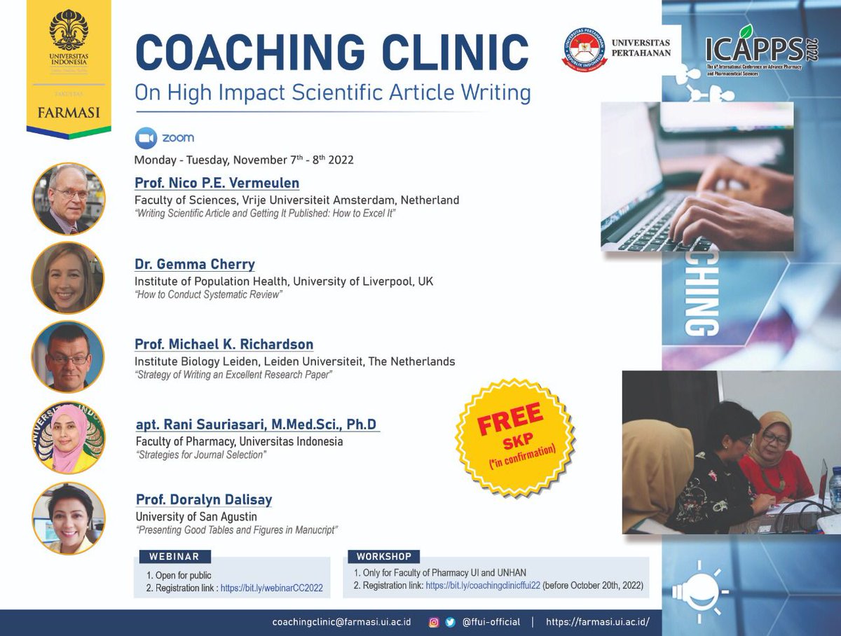 ffui_official's tweet photo. [COACHING CLINIC: On High Impact Scientific Article Writing]

Webinar Day 1
🗓 Monday, November 7th 2022
🕐 13.00-16.00 WIB

Webinar Day 2
🗓 Tuesday, November 8th 2022
🕘 09.00-11.00 WIB

Open to Public
Webinar registration link: https://t.co/aQdpg5hUyD (...) https://t.co/zHwxsqV6jh