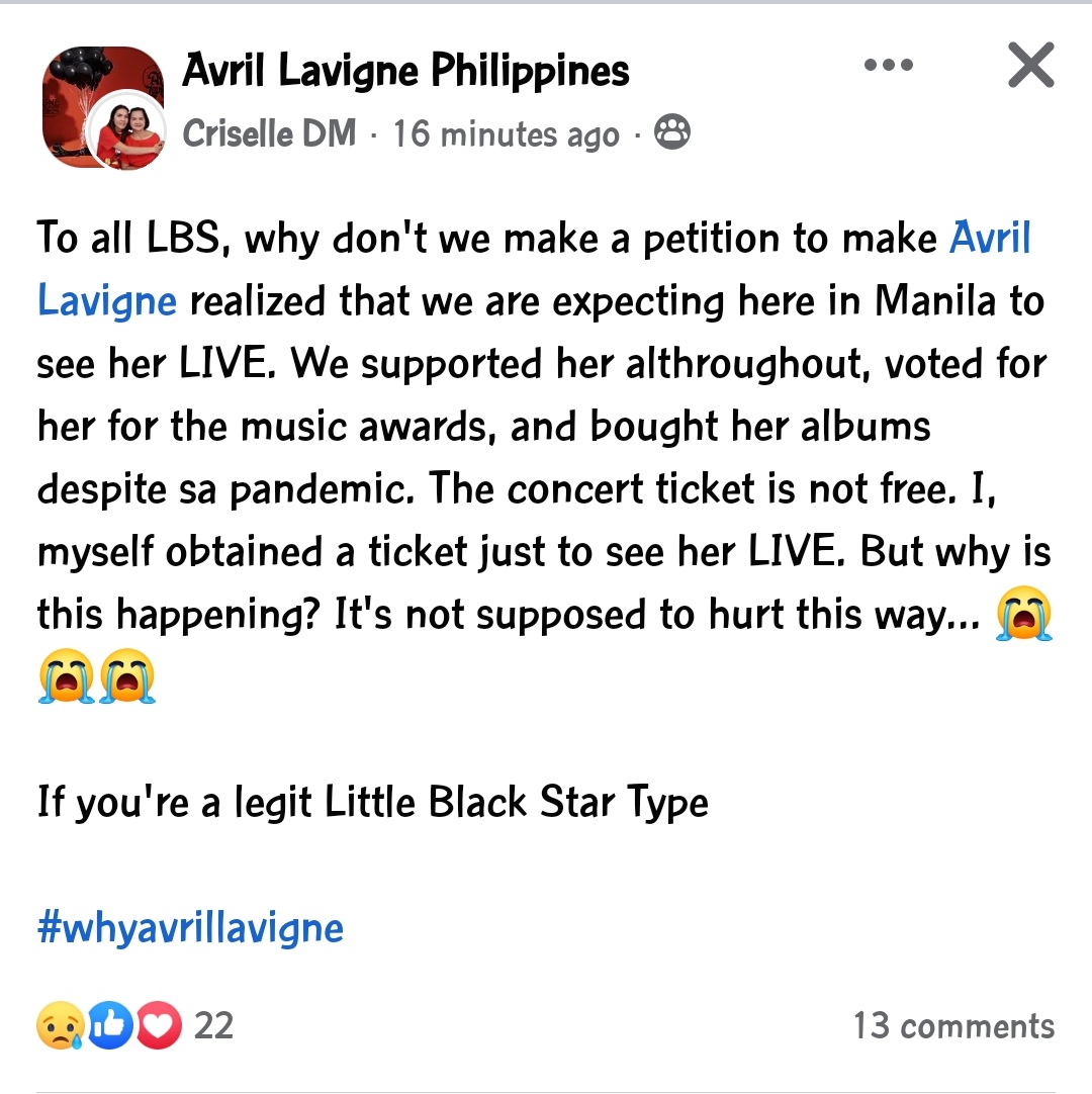 rushiru_joisu's tweet photo. @AvrilLavigne your fans from ph is crying, we are desperate for you to come. This is my first time attending your concert so far, first artist. Your fans is broken hearted.
Reschedule! Do not cancel it!😩
#whyavrillavigne
#avrillavinetmanila https://t.co/KkJVFQZexU