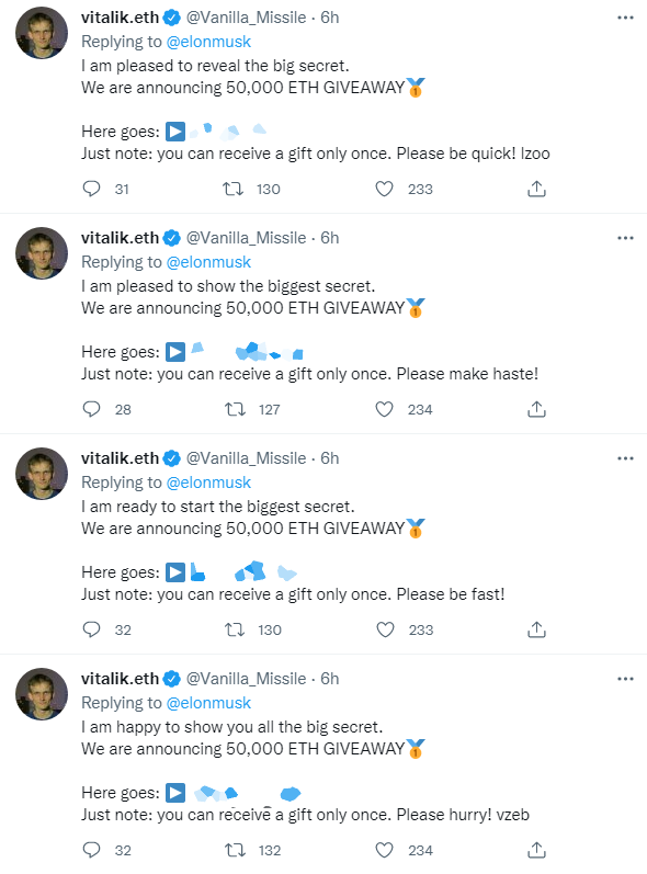 dcerar's tweet photo. @twittersecurity Why do you allow name change for verified users? If you check @elonmusk's latest post, there are several hacked verified accounts sending cryptoscam messages. And it takes more than 6 hours for your algorithms to detect it. @premiumbusiness @TwitterSupport https://t.co/HQulb5yb9b