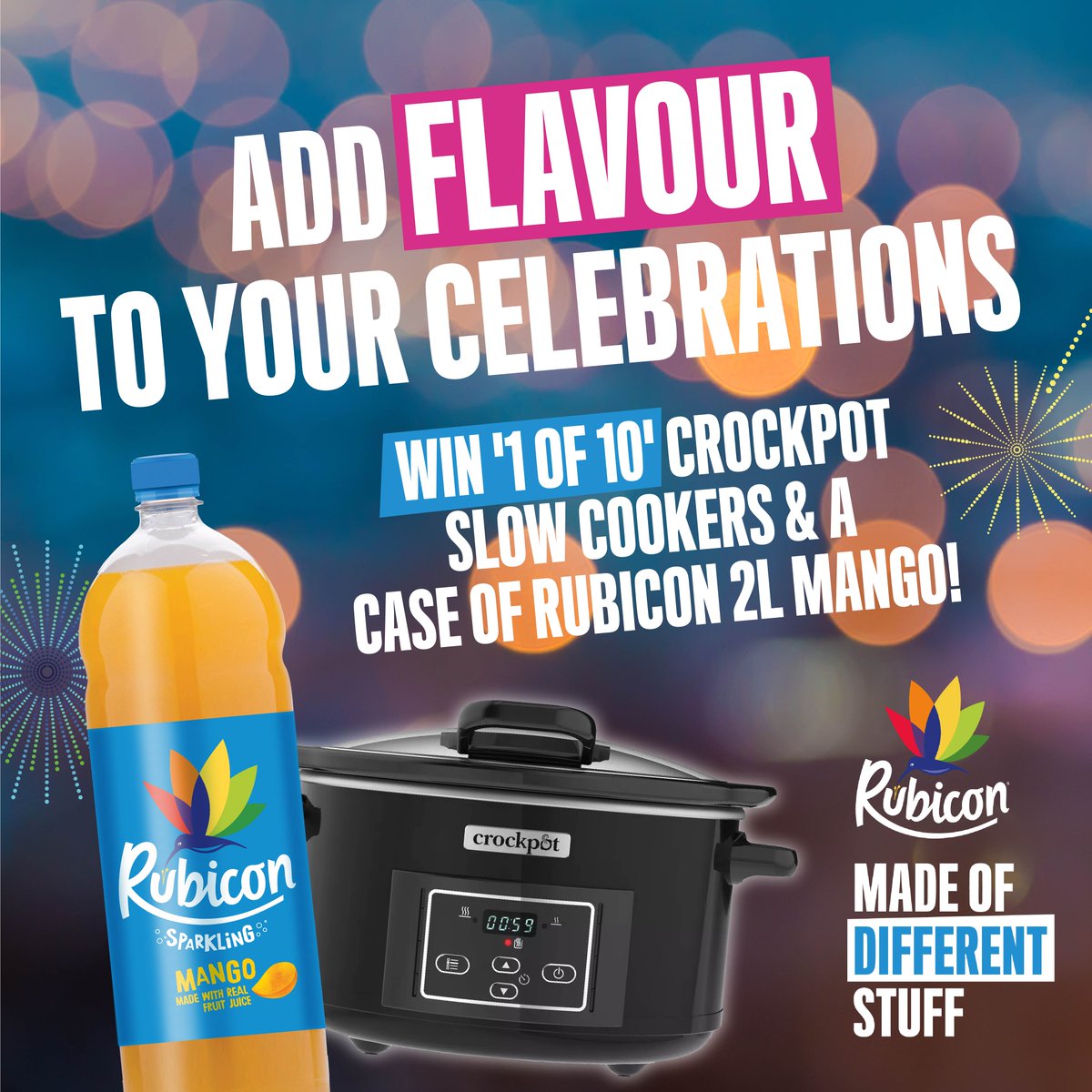 It's time to celebrate 💙 This Diwali <a href="/RubiconDrinksUK/">Rubicon Drinks UK</a> are giving away 10 crockpots and 10 cases of Rubicon 2L Mango. 
To enter, LIKE this post, RT &amp; follow us. 

Closes: 23.10.22
18+ UK only
T&amp;Cs: bit.ly/3ybbLLf
#diwali #win #celebrate #competition #rubicon