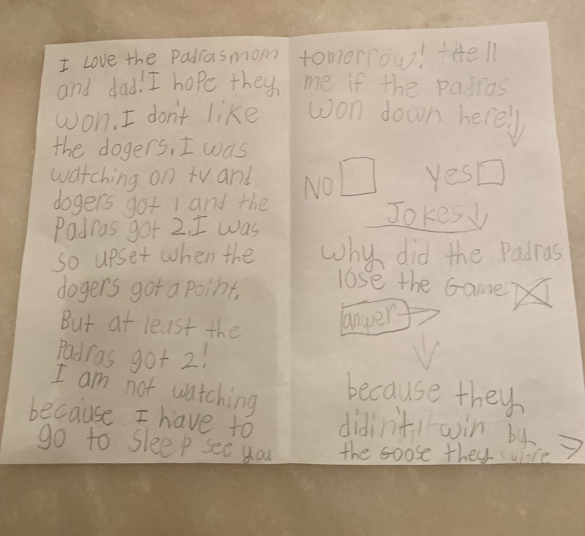 EtlKaty's tweet photo. @Padres while we made it on national television, my daughter wrote me a letter since she couldn’t stay up to watch the whole game. Let’s send those dodgers home packing tomorrow. https://t.co/cMAj8AtqKV