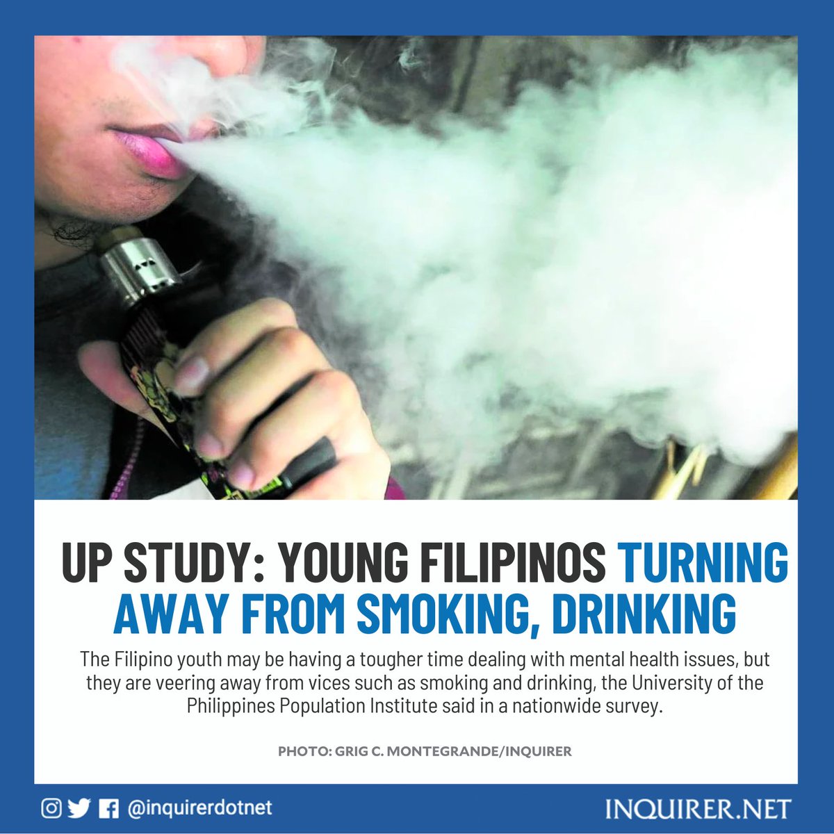inquirerdotnet's tweet photo. According to the 2021 Young Adult Fertility and Sexuality Study of the UPPI, of every 10 young adult Filipinos, only three are currently drinking, one is smoking and close to none is using illegal drugs.

READ: https://t.co/pRY0rYPN4L https://t.co/h6r0A6ZbVu