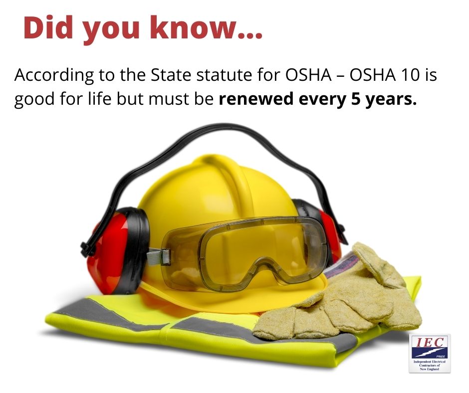 IEC_NewEngland's tweet photo. Did you know… According to the State statute for OSHA – OSHA 10 is good for life but must be renewed every 5 years. You must complete an updated course prior to the training expiration date.

https://t.co/KezRzUM692

Contact us at 860-563-4953  https://t.co/fXeZ4J88av https://t.co/1gECOn3LBL