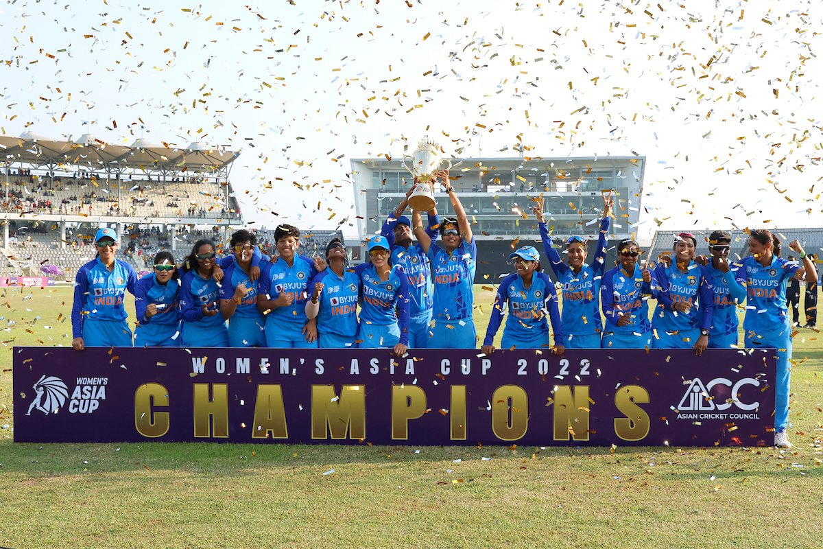 BCCIWomen's tweet photo. Say hello to the 7️⃣-time Asia Cup Champions! 👋 🏆

#TeamIndia | #AsiaCup2022 https://t.co/II9zNfon3d