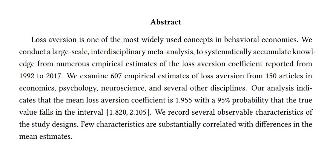 Fascinating meta-analysis of studies of loss aversion by Brown, Imai, Vieider, & @CFCamerer osf.io/preprints/meta… Looks like 2 is not a bad rule of thumb after all. Wide ranging tests in the paper on estimates from 607 studies - examining study quality, publication bias etc.,