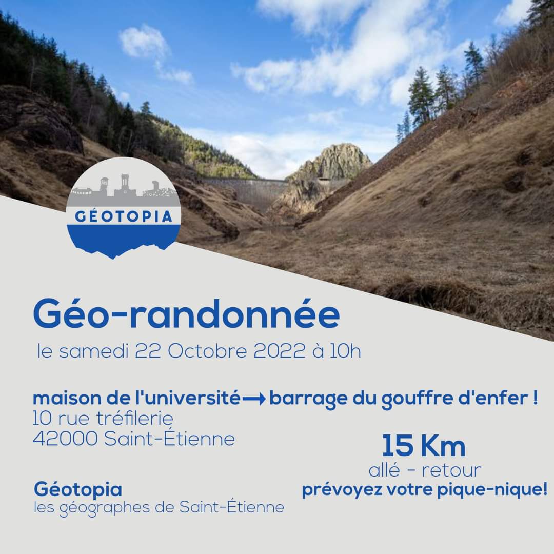 Bonjour à tous, les Géographes de <a href="/saint_etienne_/">Ville Saint-Étienne</a> vous donne rendez-vous pour une Géo-randonnée ! 
Départ à 10h de la maison de <a href="/Univ_St_Etienne/">Université Jean Monnet Saint-Étienne</a>.