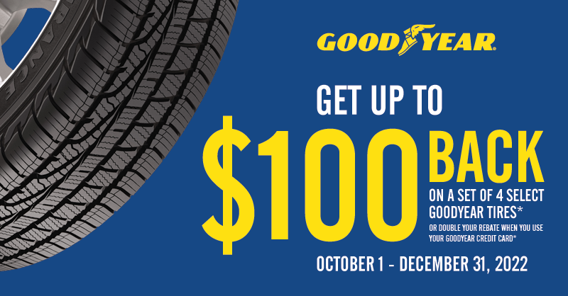 etireman's tweet photo. Get up to $100 back on a set of 4 select Goodyear tires at Tireman! Double your rebate when you use your Goodyear Credit Card! Offer valid 10/1 - 12/31. No other discounts apply. See redemption instructions for details and qualifying tires. Shop now: https://t.co/nzsKclI8jq https://t.co/k979JIsNXs