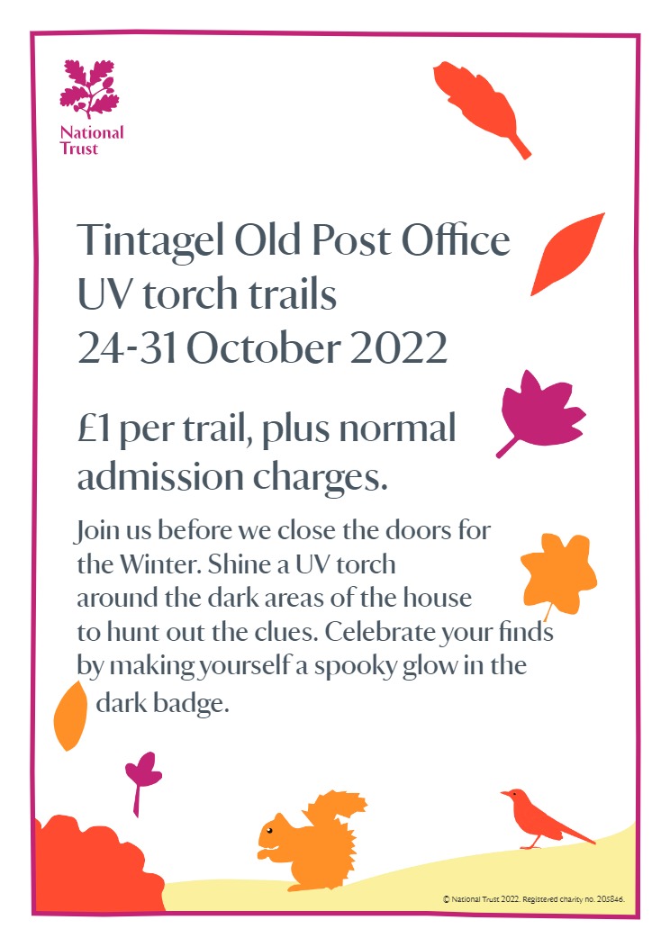 For half-term fun, explore Tintagel OPO with a UV torch, seek out the symbols hidden in the dark places of the house, solve the puzzle &amp; make a glow in the dark badge to take away with you.

All materials provided. £1 per trail plus normal admission charges. #halfterm #Cornwall