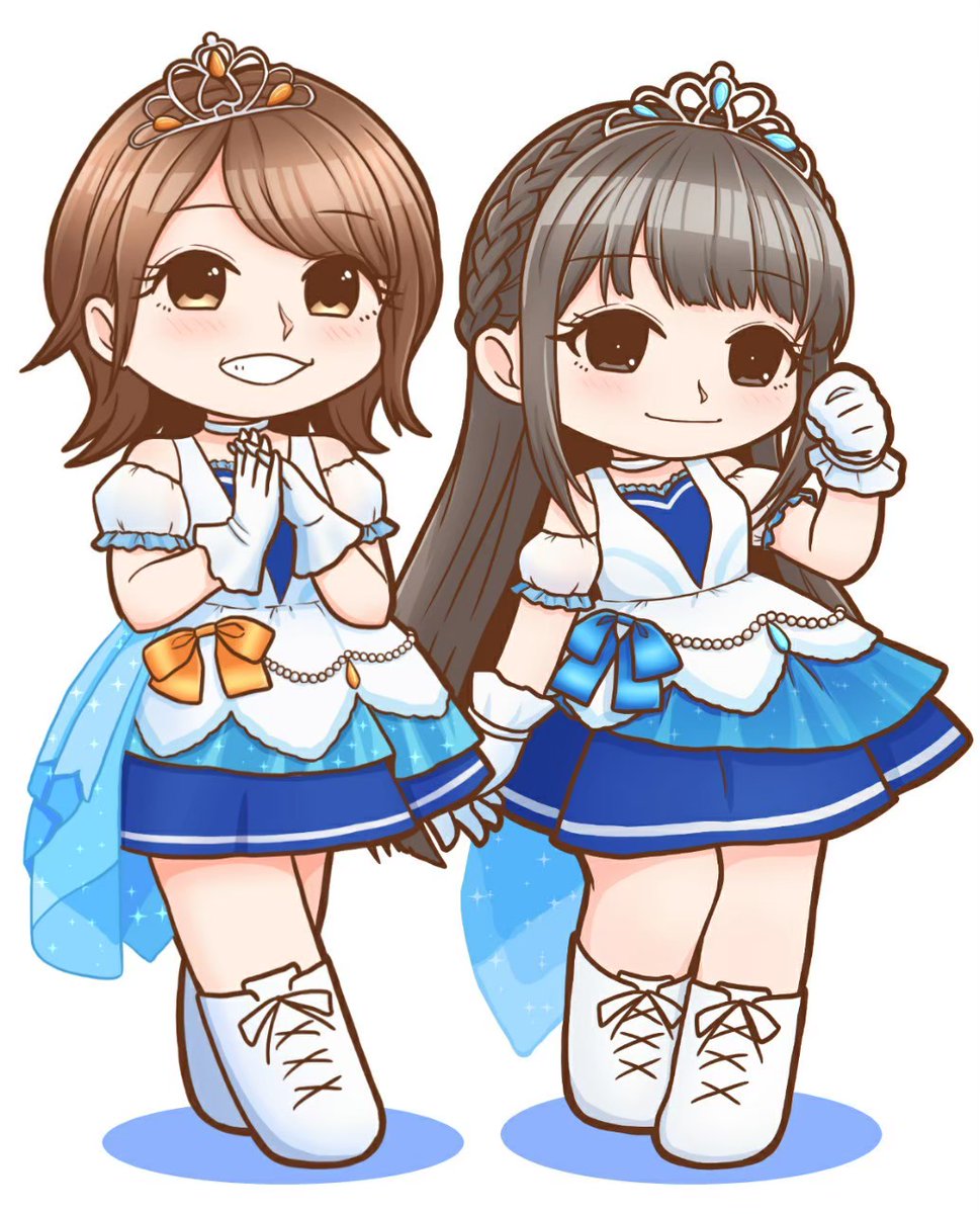 multiple girls 2girls tiara voice actor gloves brown hair smile  illustration images